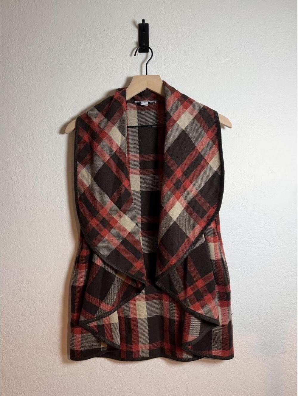 Favlux Women's Medium Plaid Sleeveless Vest with Draped Collar